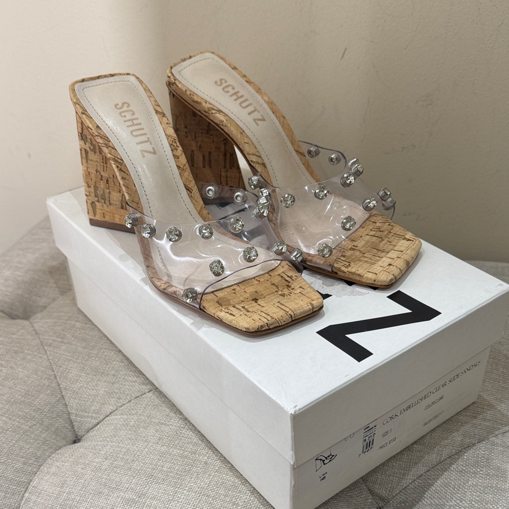 SCHUTZ Transparent and Cork Block Heels